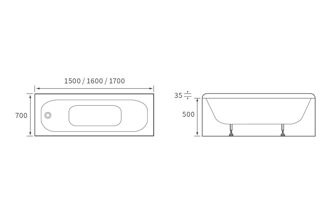 HarmonyTub Steel Single End 1600x700x500mm 2TH Bath w/Legs