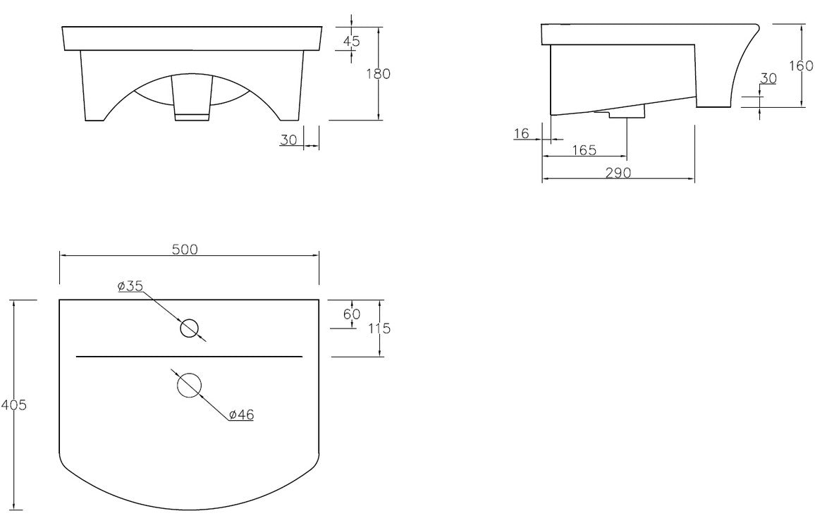 EternaWash 500x400mm 1TH Semi Recessed Basin