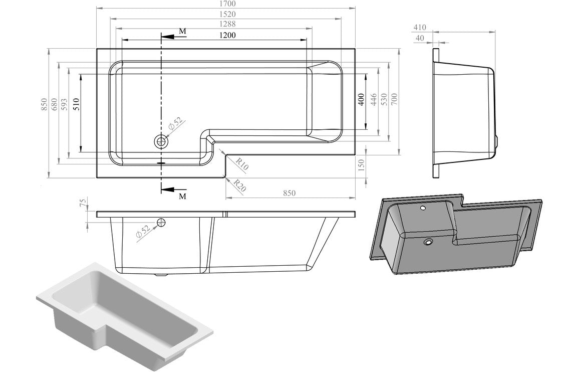 OpalSoak L Shape SUPERCAST 1700x850x560mm 0TH Shower Bath Pack (LH)