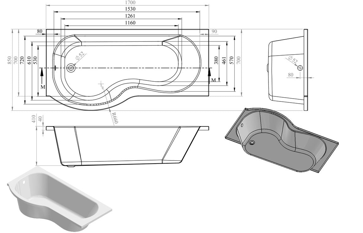 BlissAura P Shape SUPERCAST 1700x850x560mm 0TH Shower Bath Pack (LH)