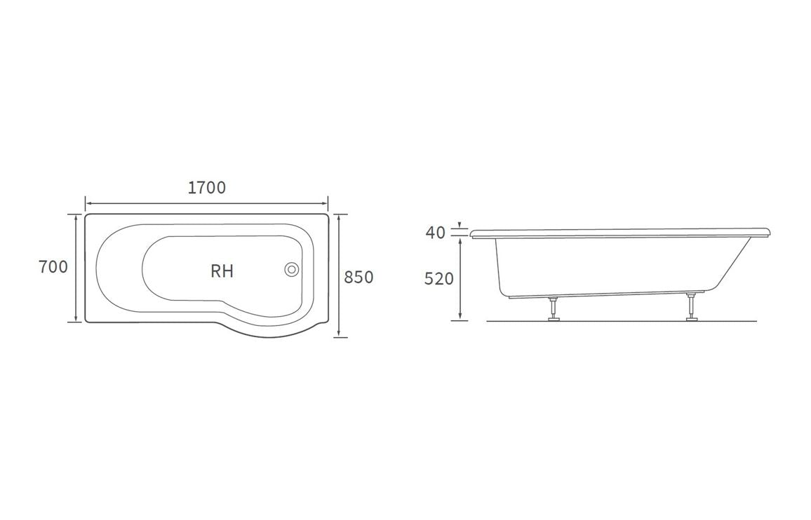 BlissAura P Shape SUPERCAST 1700x850x560mm 0TH Shower Bath Pack (LH)