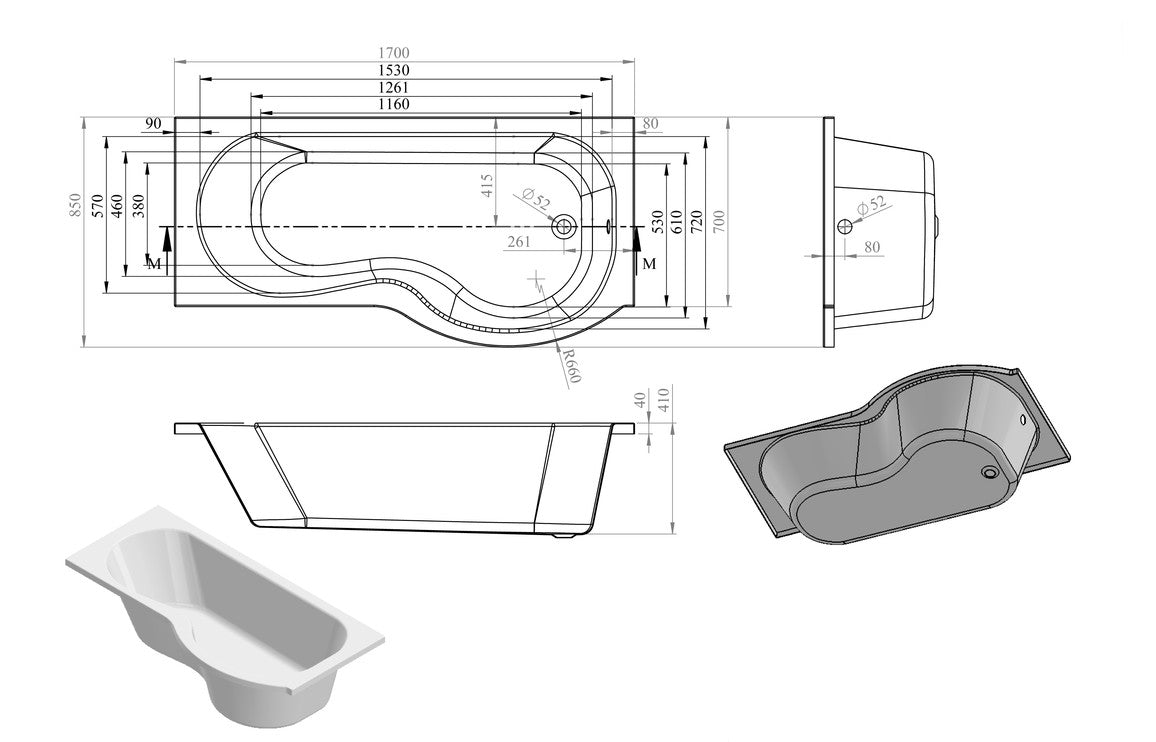 BlissAura P Shape SUPERCAST 1700x850x560mm 0TH Shower Bath Pack (RH)