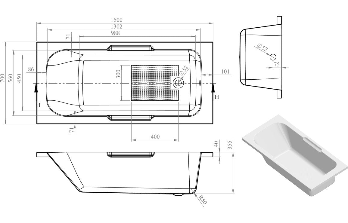 SerenitySoak Gripped 1500x700x550mm 0TH Bath w/Legs
