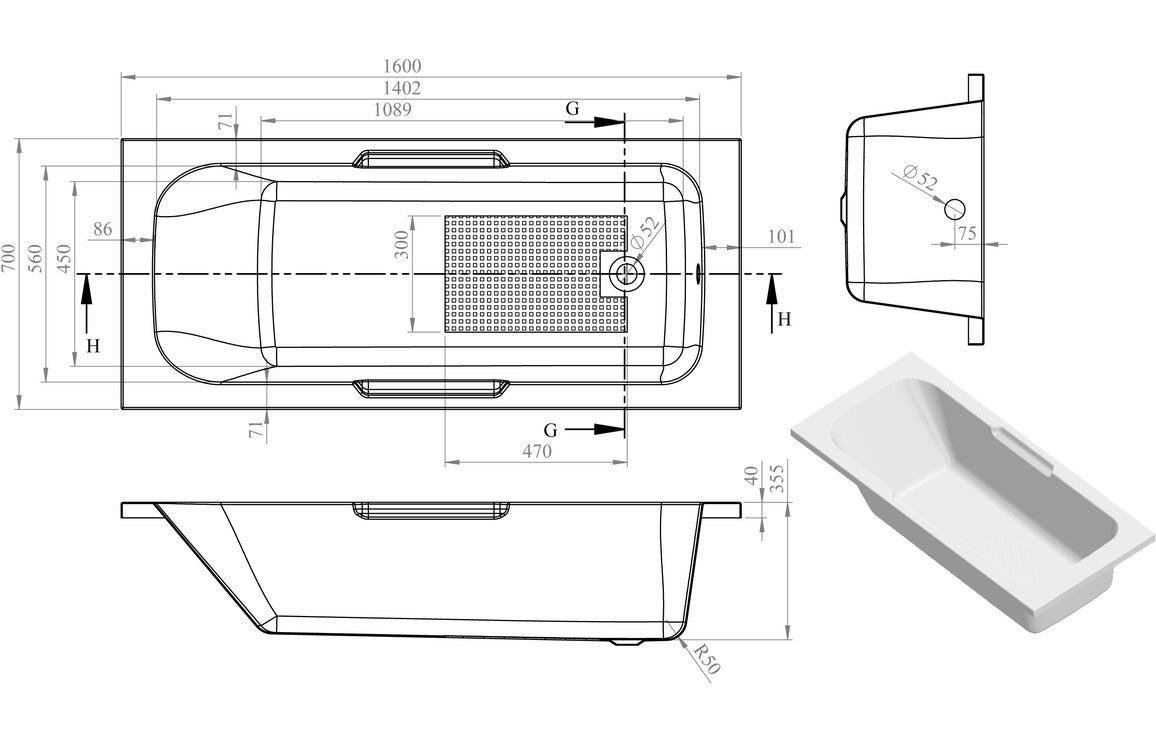 SerenitySoak Gripped 1600x700x550mm 0TH Bath w/Legs