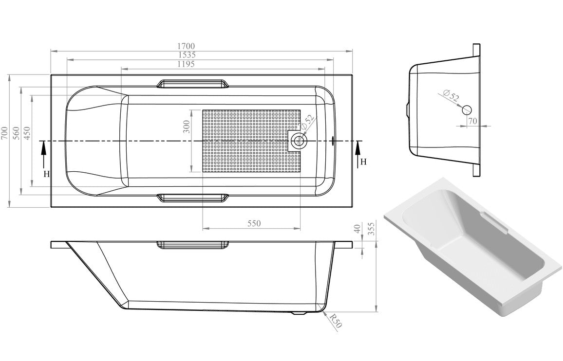 SerenitySoak Gripped SUPERCAST 1700x700x550mm 0TH Bath w/Legs