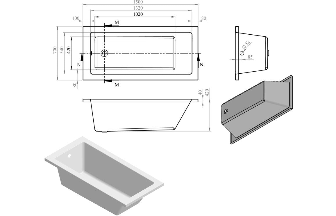 OpalSoak Square Single End 1500x700x550mm 0TH Bath w/Legs