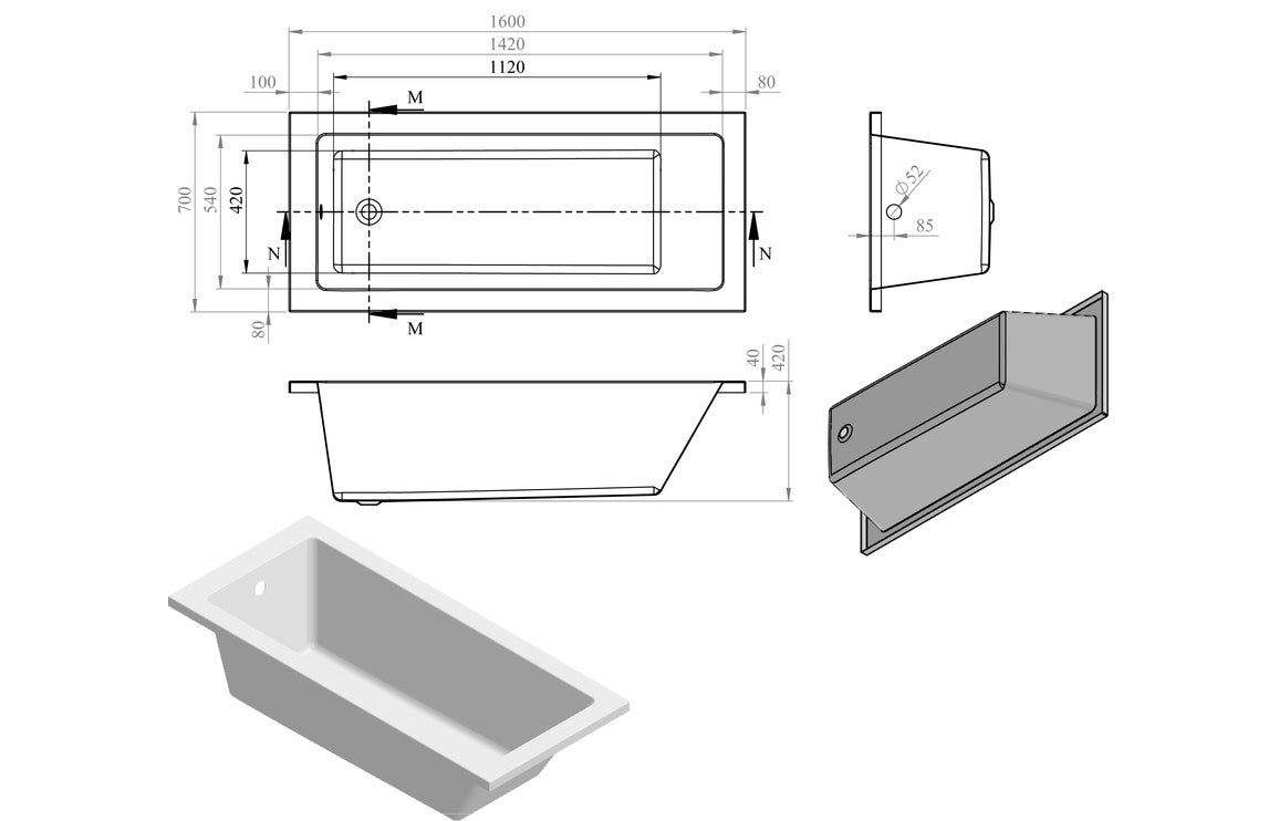 OpalSoak Square Single End 1600x700x550mm 0TH Bath w/Legs