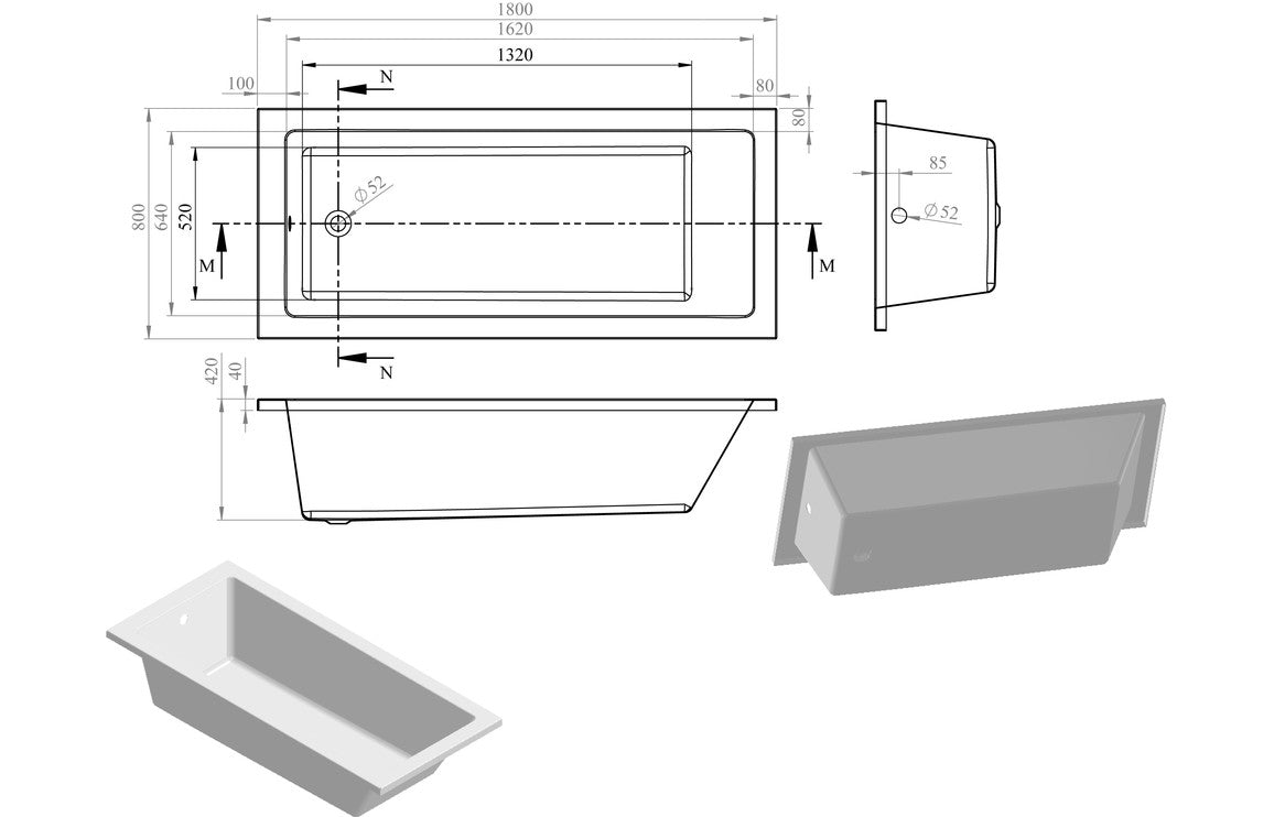 OpalSoak Square Single End 1800x800x550mm 0TH Bath w/Legs
