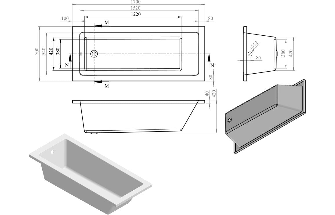 OpalSoak Square Single End SUPERCAST 1700x700x550mm 0TH Bath w/Legs