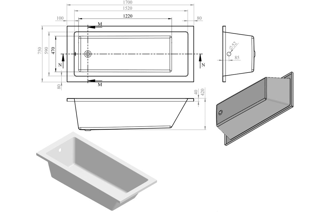 OpalSoak Square Single End SUPERCAST 1700x750x550mm 0TH Bath w/Legs