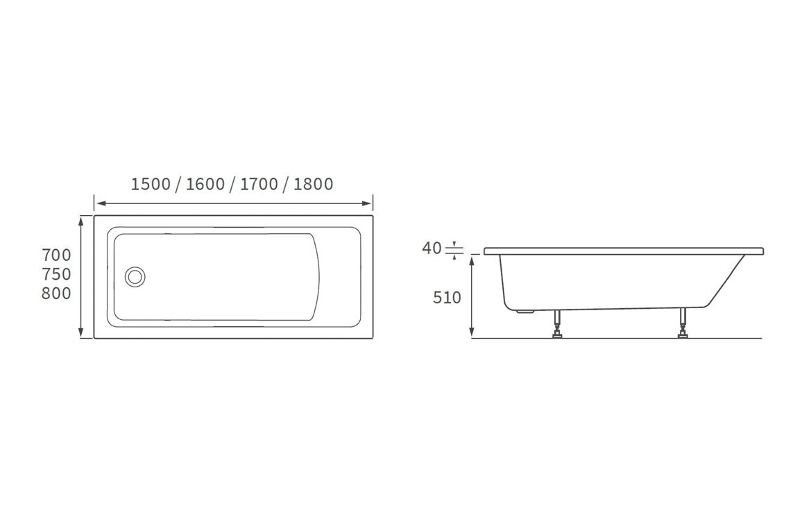 OpalSoak Square Single End SUPERCAST 1700x750x550mm 0TH Bath w/Legs