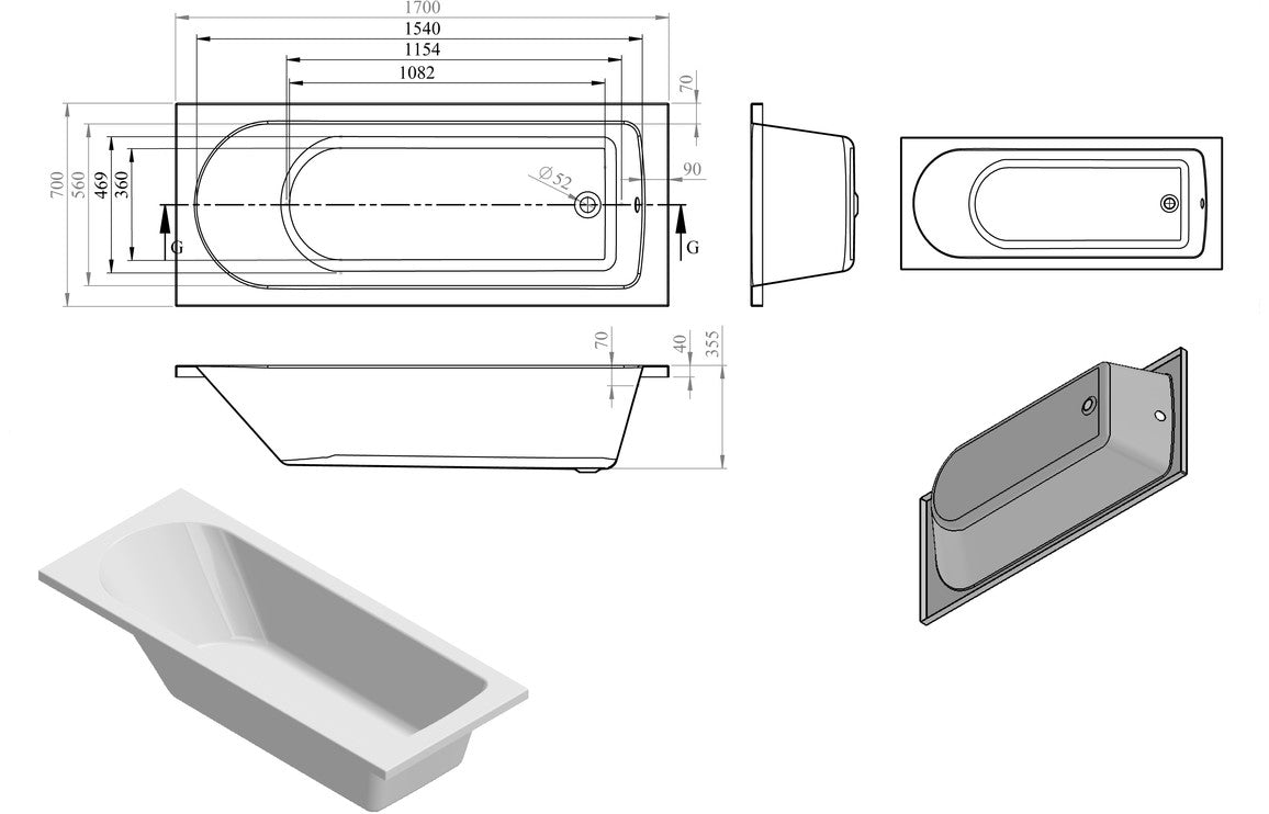 PrismBath D Shape Single End 1700x700x550mm 2TH Bath w/Legs