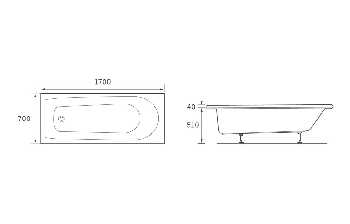 PrismBath D Shape Single End 1700x700x550mm 2TH Bath w/Legs