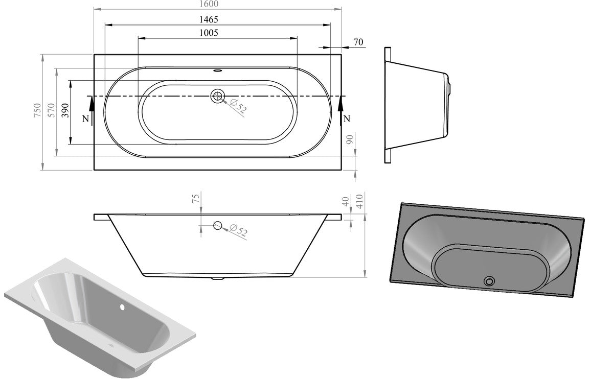 HavenSoak Round Double End 1600x750x550mm 0TH Bath w/Legs
