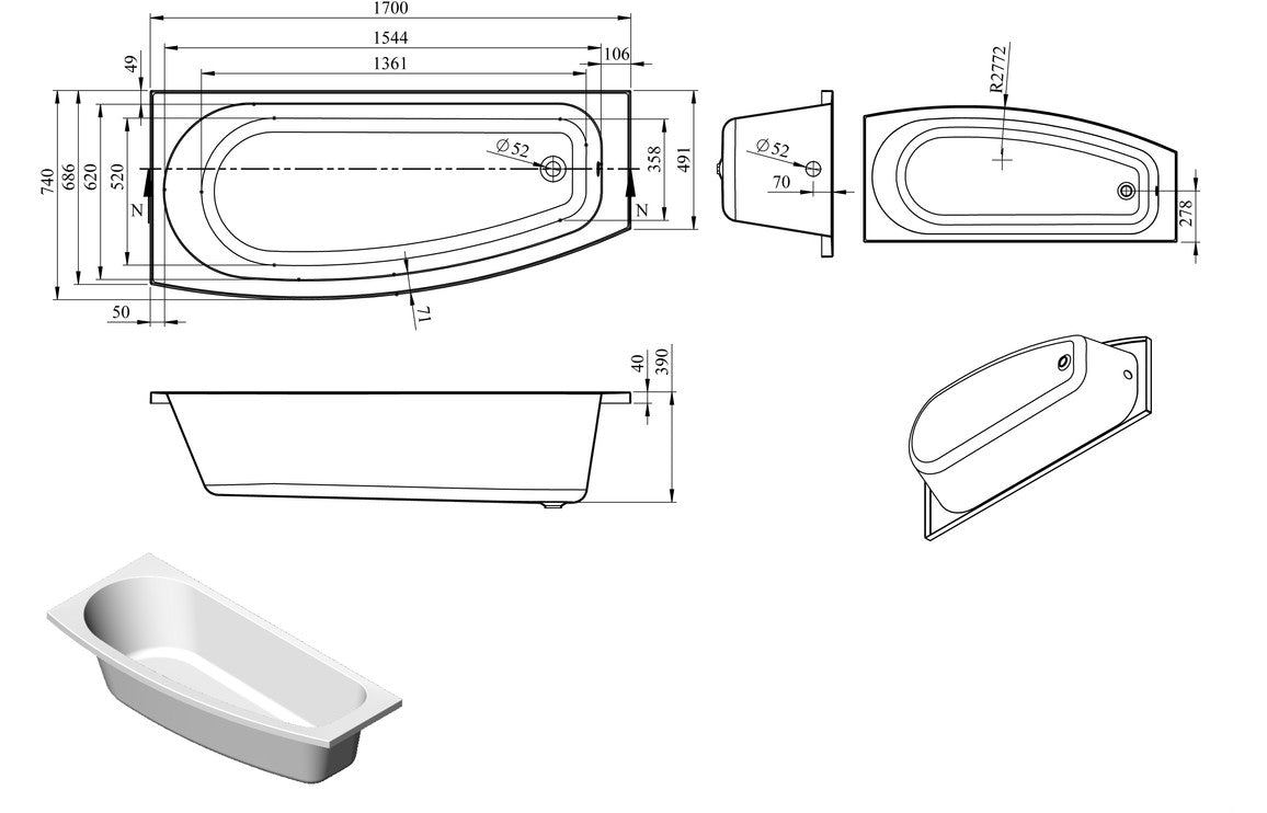 Timeless Space Saving 1700x740x560mm 0TH Bath w/Legs (LH)