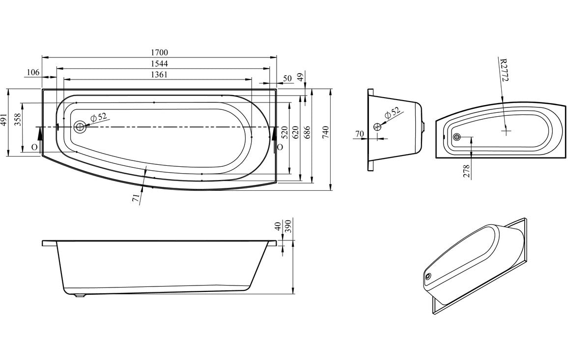 Timeless Space Saving 1700x740x560mm 0TH Bath w/Legs (RH)