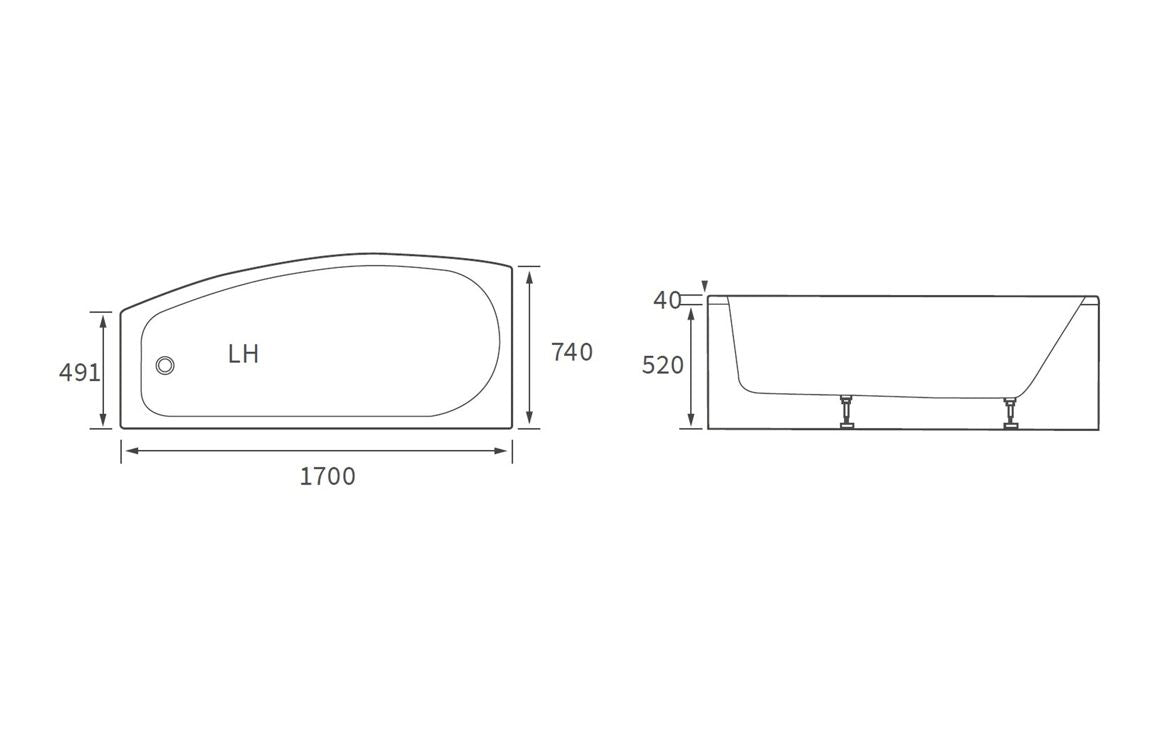 Timeless Space Saving 1700x740x560mm 0TH Bath w/Legs (RH)