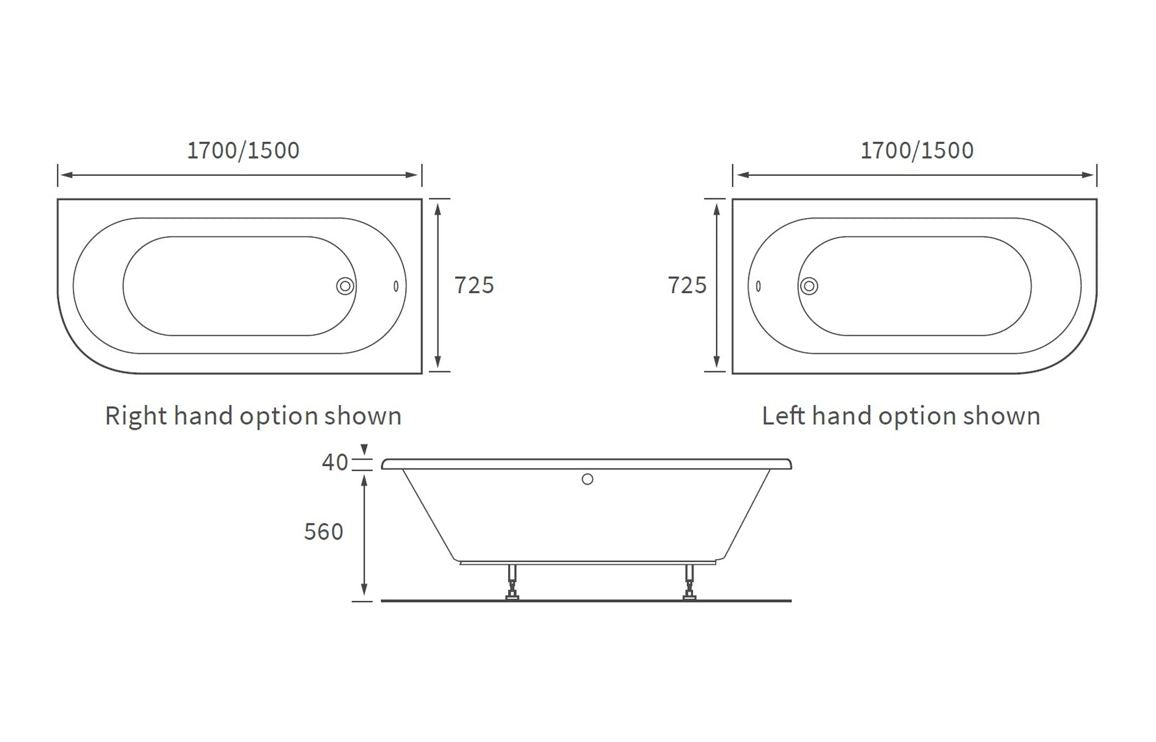 GlowHaven J Shape 1700x725x600mm 0TH Bath w/Legs (RH)