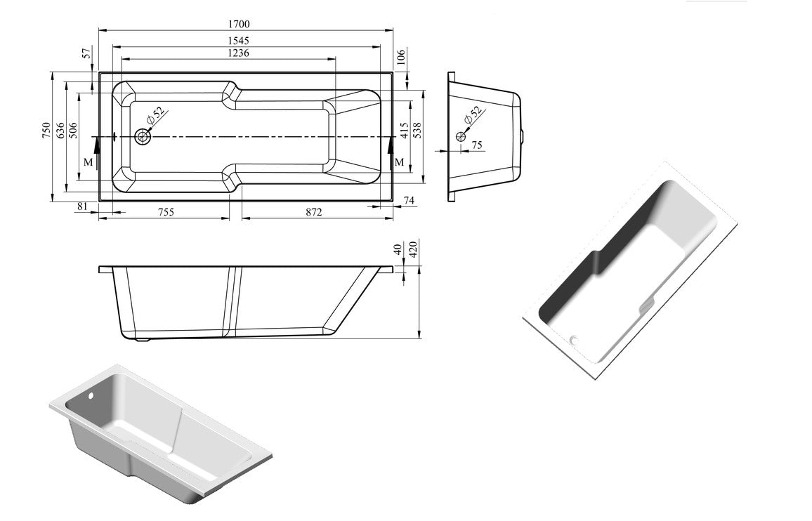 SereneWave Straight 1700x750x550mm 0TH C Shower Bath w/Legs