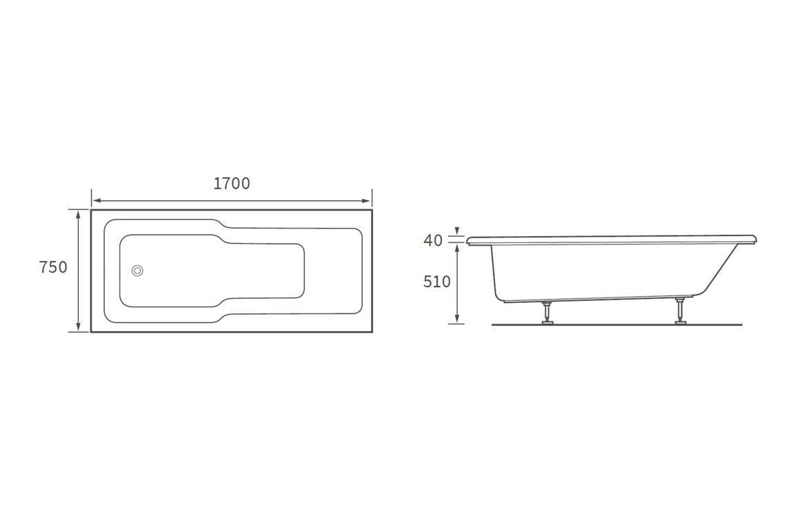 SereneWave Straight 1700x750x550mm 0TH C Shower Bath w/Legs