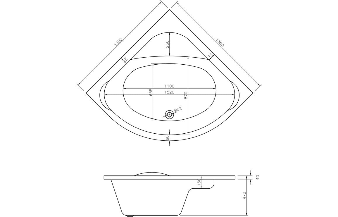 ImperialFlow Standard 1350x1350x620mm 0TH Corner Bath w/Legs
