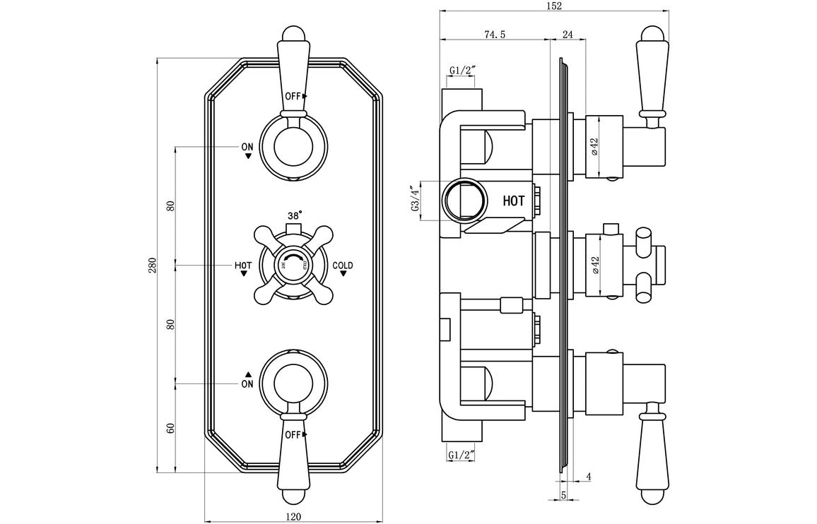 CrystalFlow Traditional Lever Thermostatic Two Outlet Shower Valve - Chrome