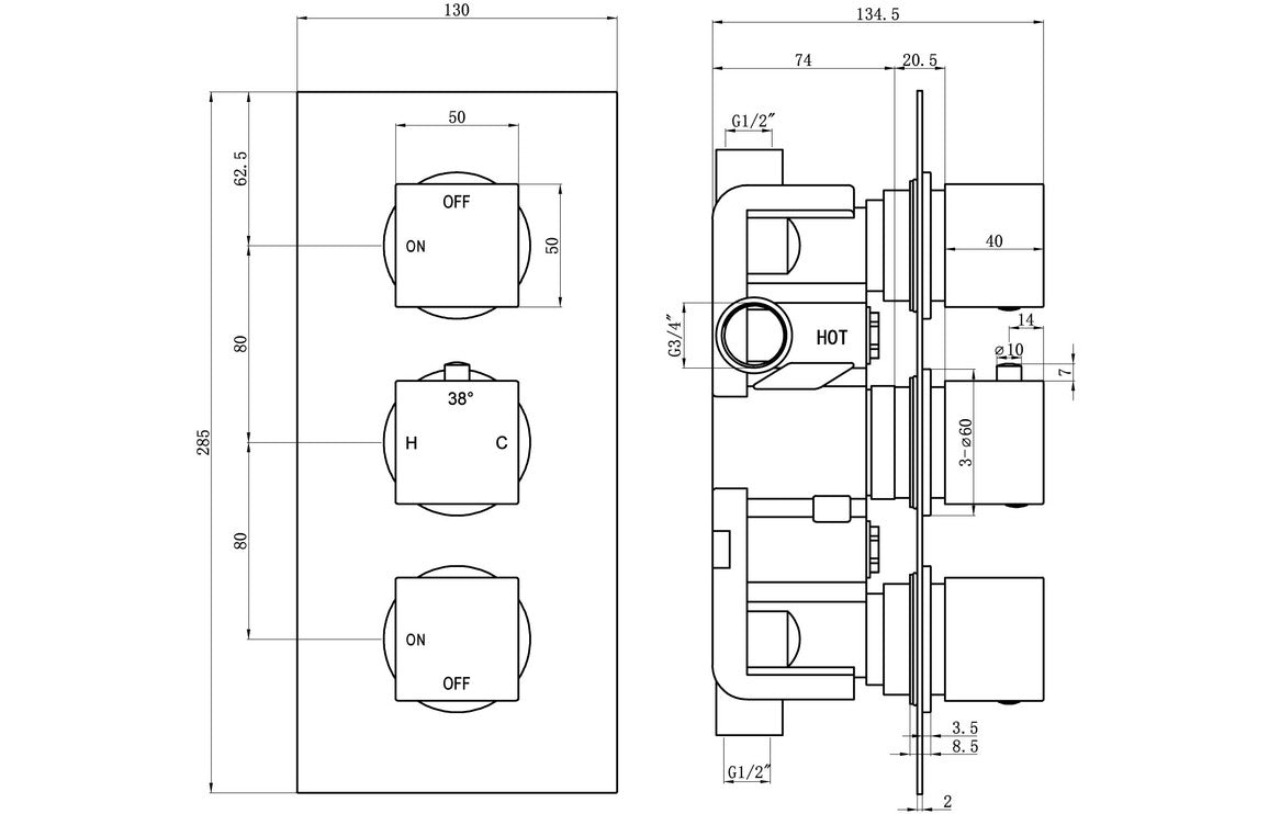 ZenMist Shower Pack Three - Two Outlet Triple Shower Valve w/Riser & Overhead Kit - Chrome