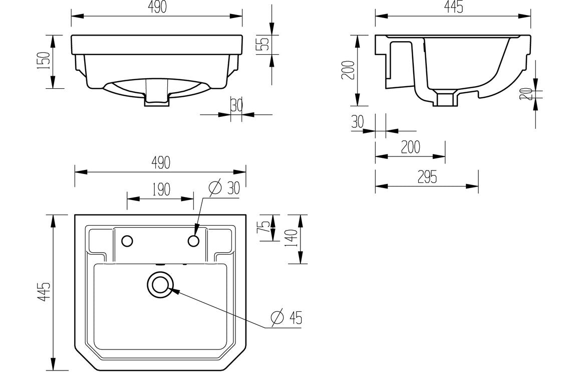 TranquilFlow 495x445mm 2TH Semi Recessed Basin
