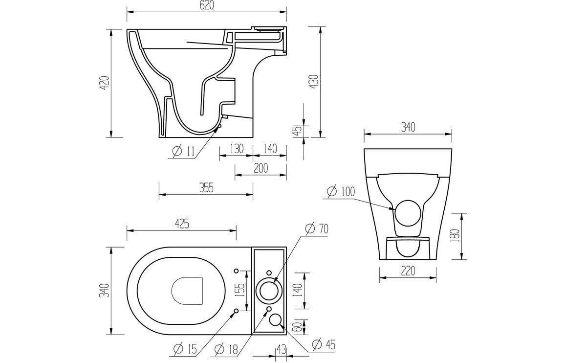 VividStream Rimless Short Projection Close Coupled Open Back WC & Soft Close Seat