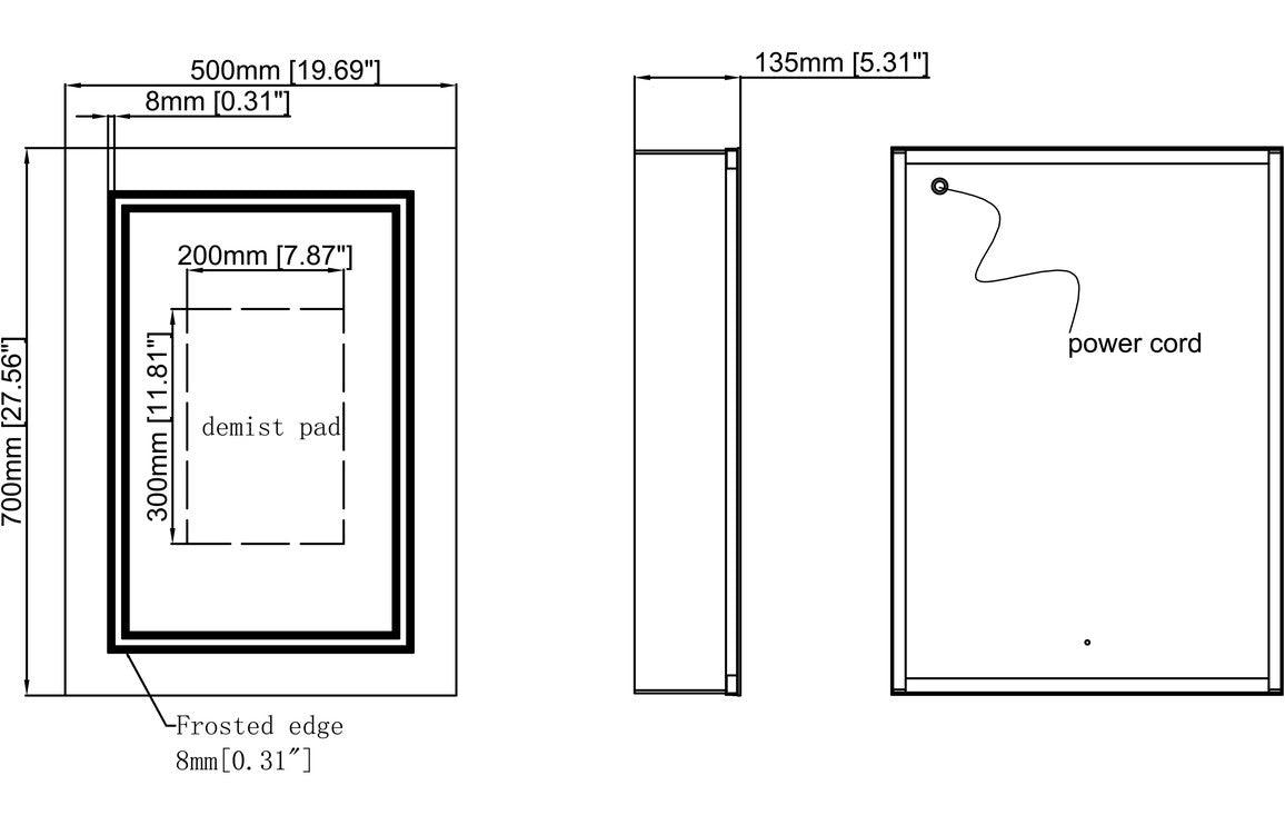 RadiantAura 500mm 1 Door Front-Lit LED Mirror Cabinet