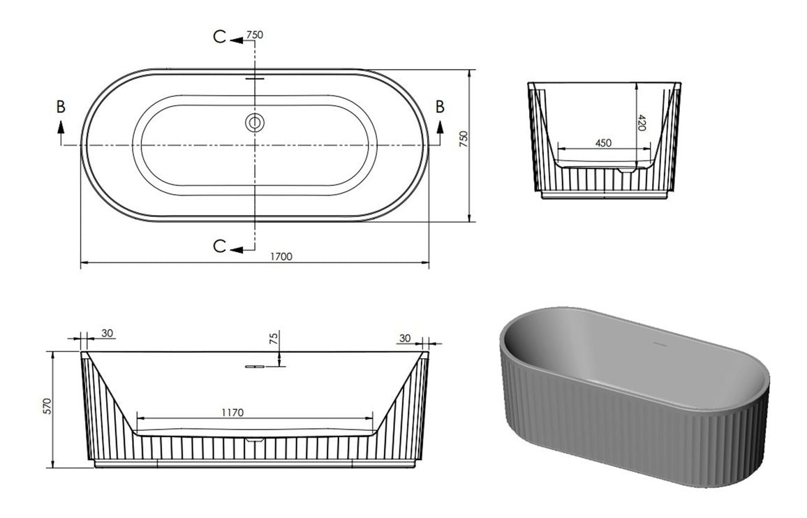 EuphoriaBath Fluted Freestanding 1700x750x570mm 0TH Bath
