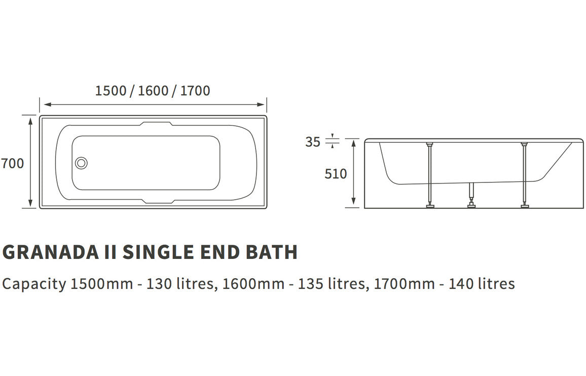 ZenBathe Single End Twin Grip Textured Base 8mm 1700x700x510mm 2TH Bath