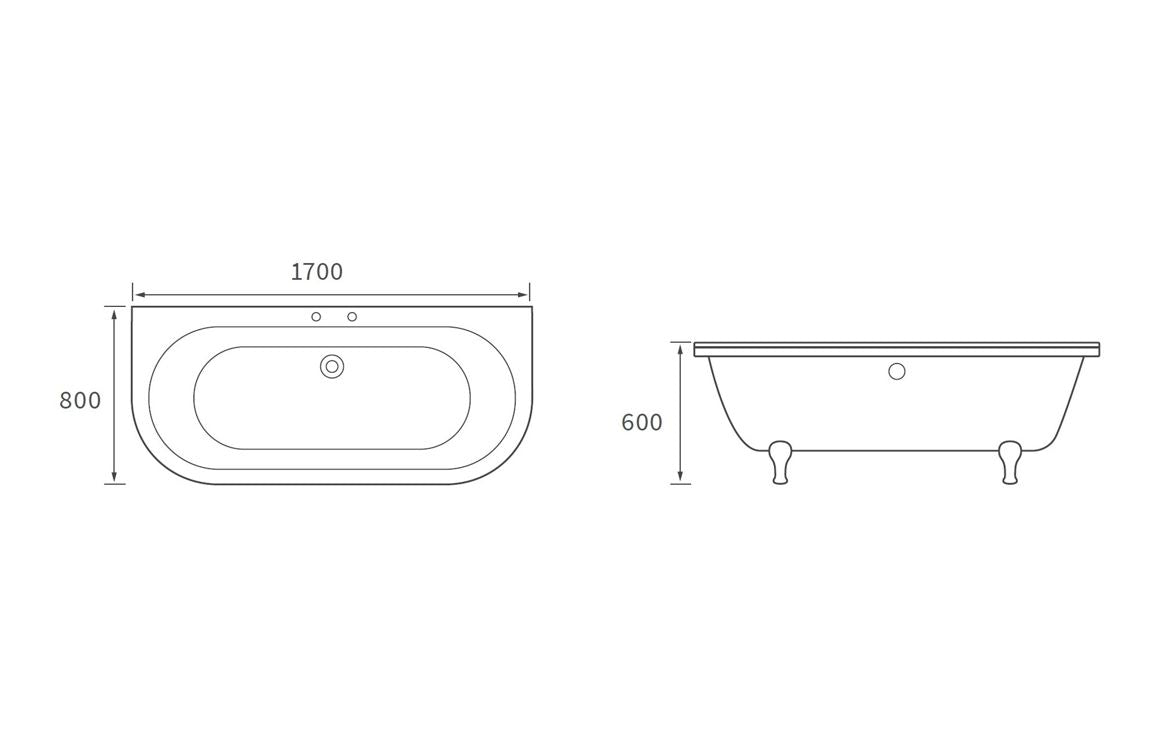 PristineLuxe Freestanding Back To Wall 1700x800x600mm 2TH Bath w/Feet - White