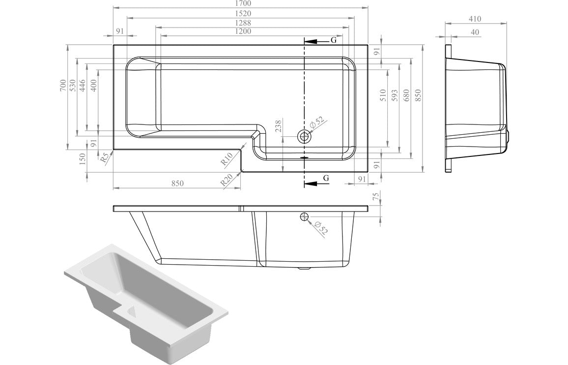 OpalSoak L Shape SUPERCAST 1700x850x560mm 0TH Shower Bath Pack (RH)