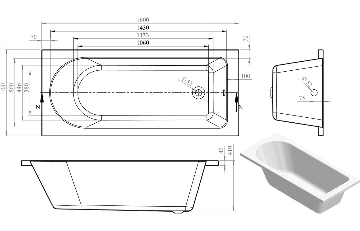 HavenSoak Round Single End 1600x700x550mm 0TH Bath w/Legs