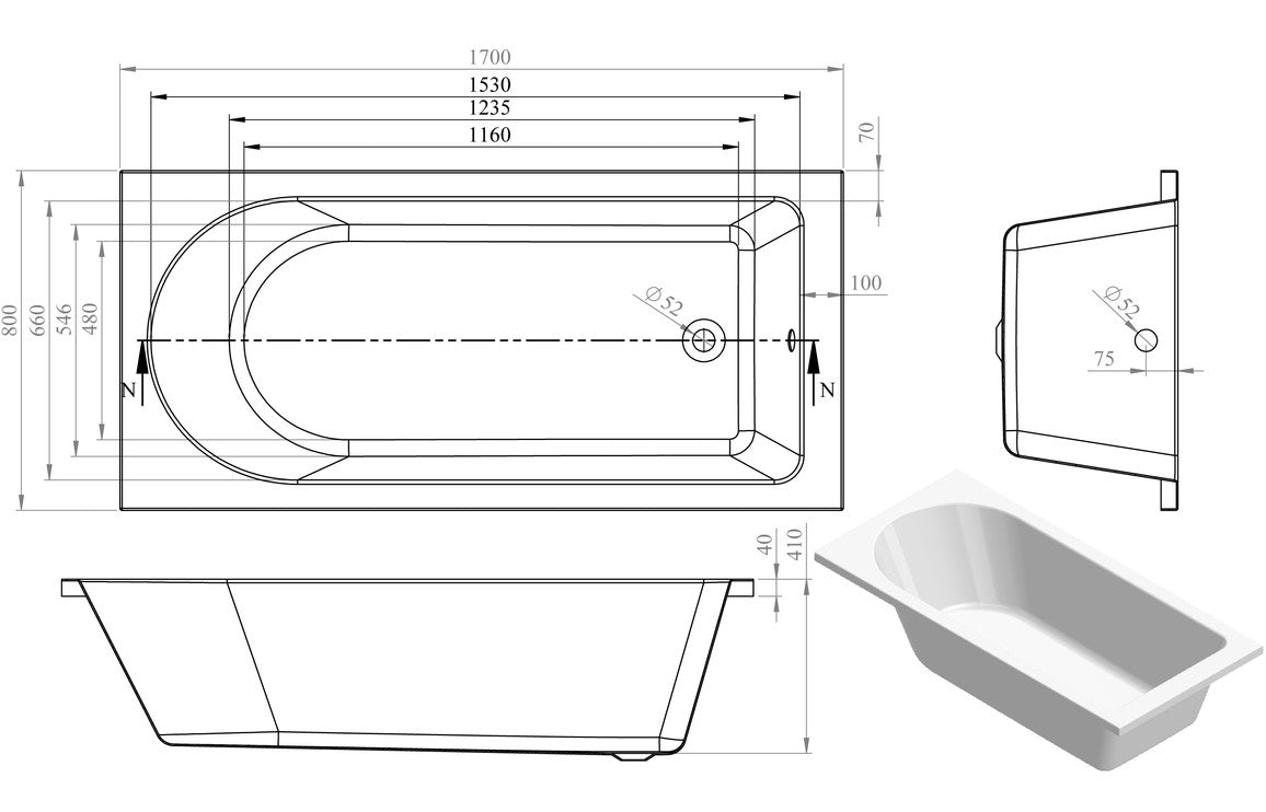 HavenSoak Round Single End 1700x800x550mm 0TH Bath w/Legs