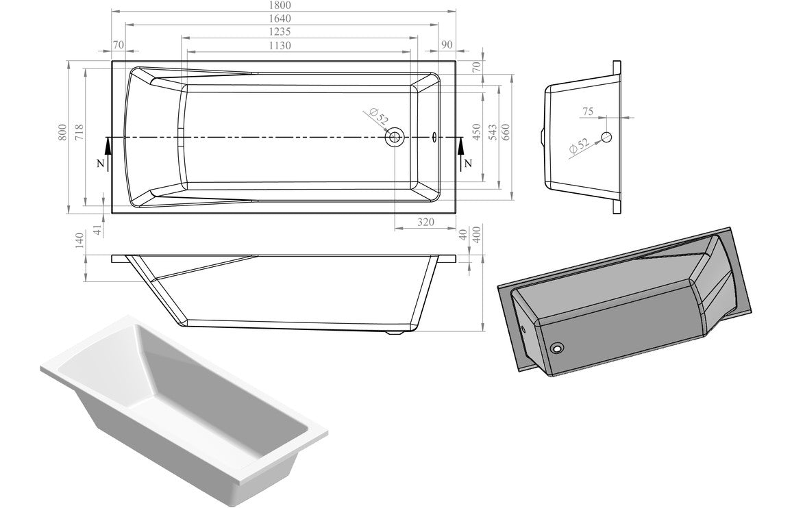 HavenSoak Round Single End 1800x800x550mm 0TH Bath w/Legs