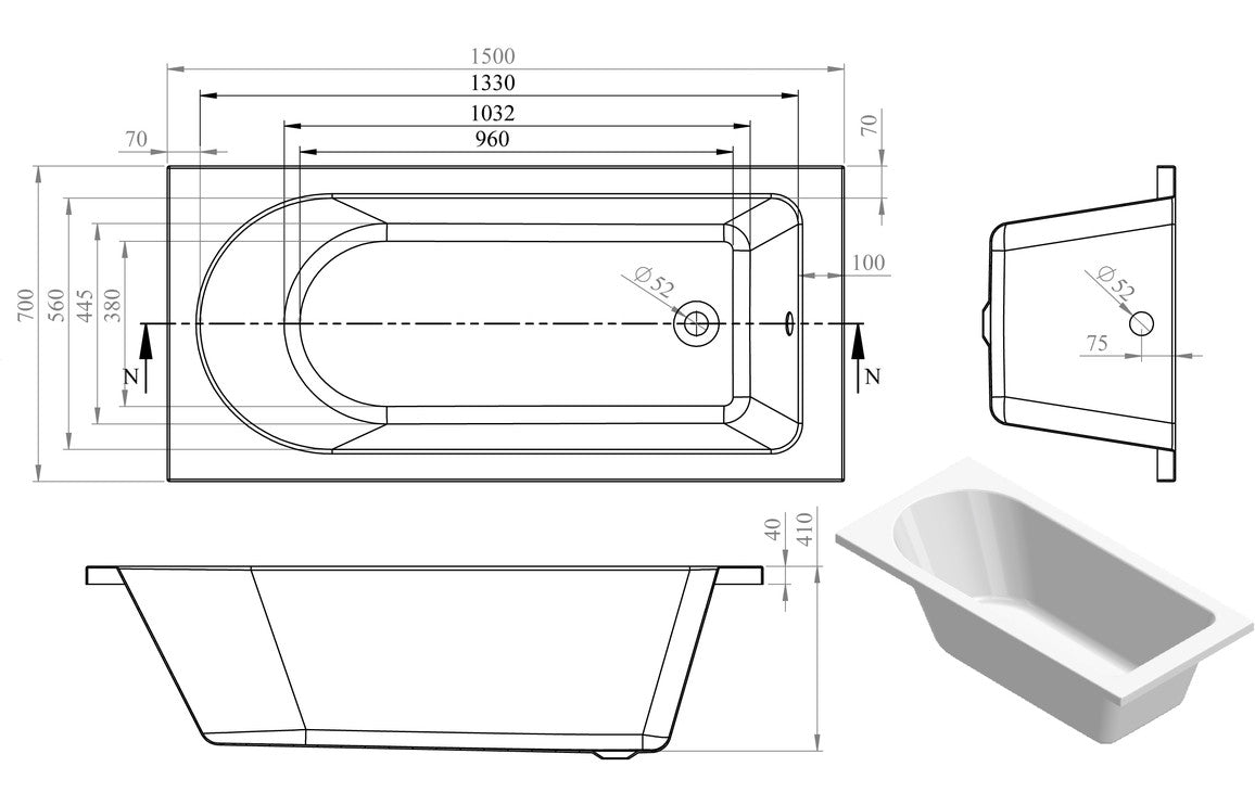 HavenSoak Round Single End SUPERCAST 1500x700x550mm 0TH Bath w/Legs