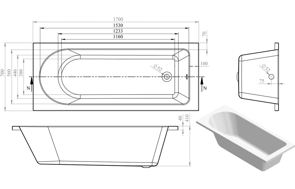 HavenSoak Round Single End SUPERCAST 1700x700x550mm 0TH Bath w/Legs