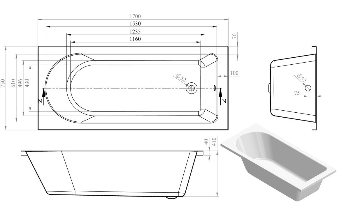 HavenSoak Round Single End SUPERCAST 1700x750x550mm 0TH Bath w/Legs