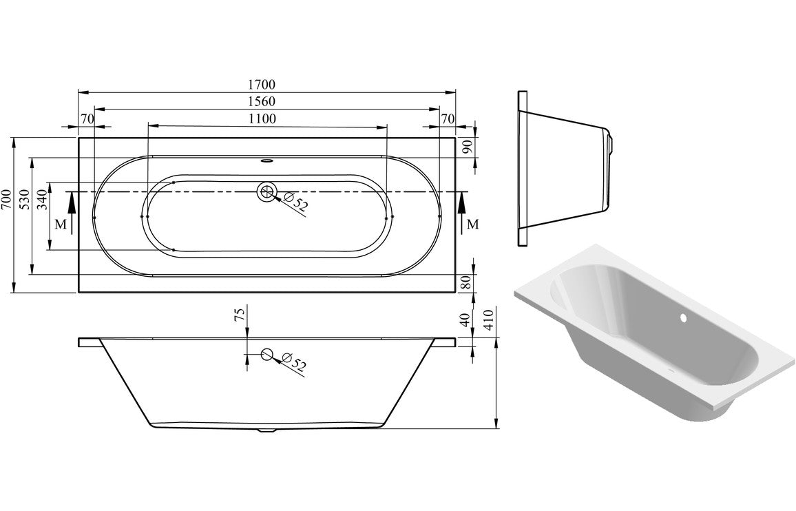 HavenSoak Round Double End 1700x700x550mm 0TH Bath w/Legs