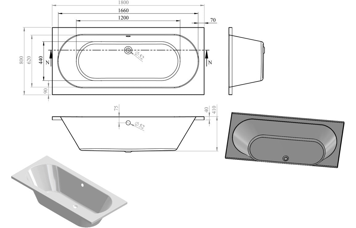 HavenSoak Round Double End 1800x800x550mm 0TH Bath w/Legs
