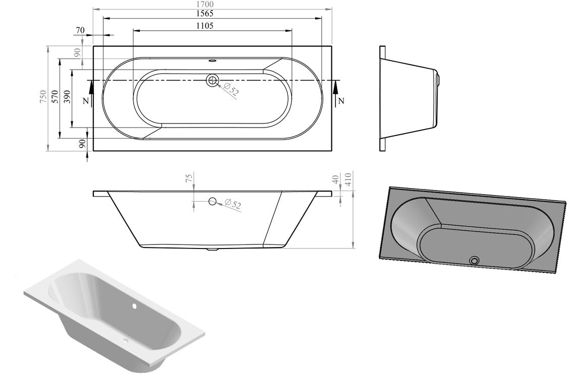 HavenSoak Round Double End SUPERCAST 1700x750x550mm 0TH Bath w/Legs
