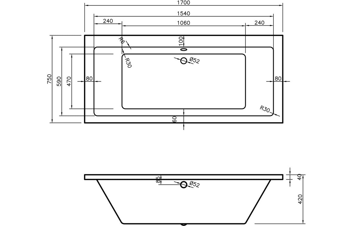 OpalSoak Square Double End 1700x750x550mm 0TH Bath w/Legs