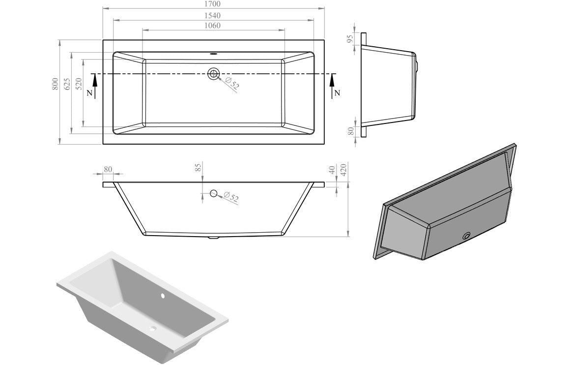 OpalSoak Square Double End 1700x800x550mm 0TH Bath w/Legs