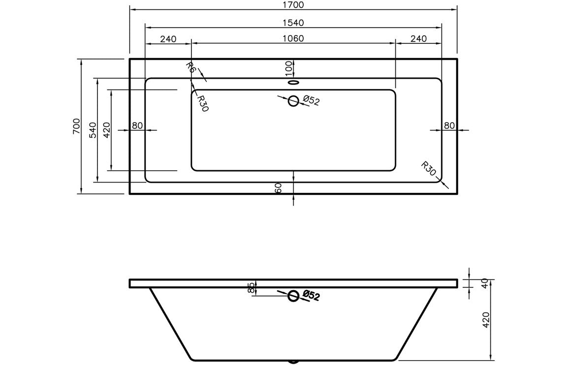 OpalSoak Square Double End SUPERCAST 1700x700x550mm 0TH Bath w/Legs