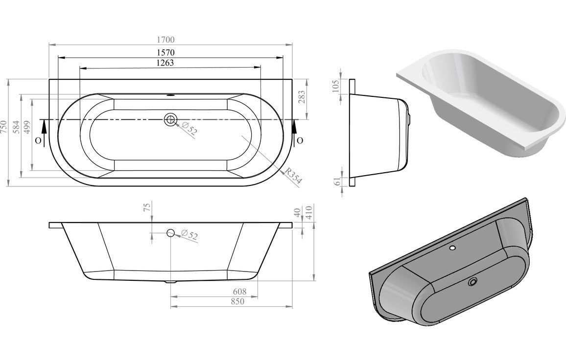 AquaNest Back To Wall 1700x750x600mm 0TH Bath w/Legs