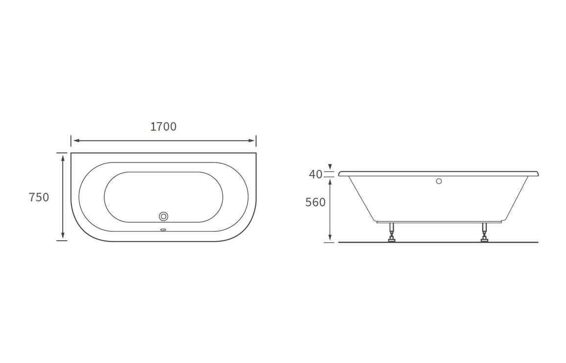 AquaNest Back To Wall SUPERCAST 1700x750x600mm 0TH Bath w/Legs