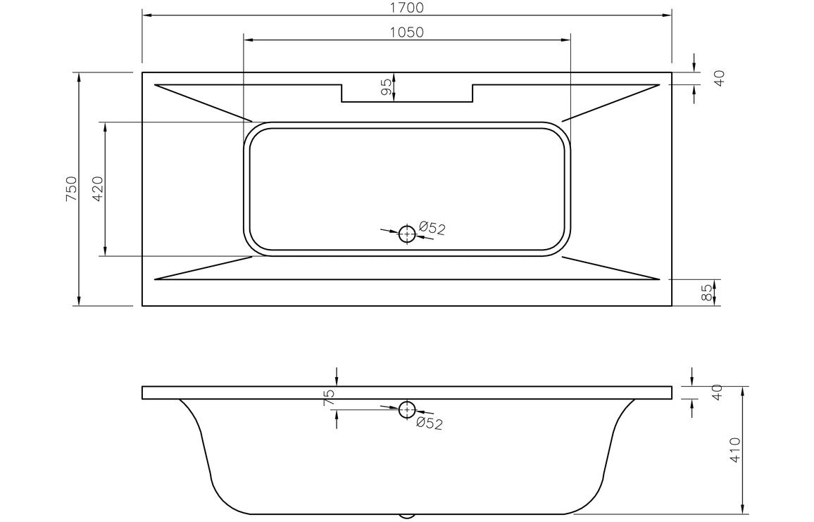 VividSpa Deluxe Square Double End 1700x750x550mm 0TH Bath w/Legs
