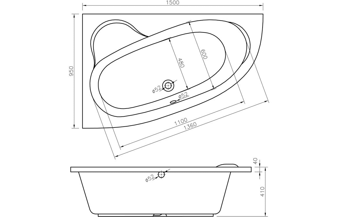 LustreSoak 1500x950x600mm 0TH Offset Corner Bath w/Legs (LH)